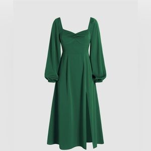 Green Solid Ruched Long Sleeve Split Midi Dress